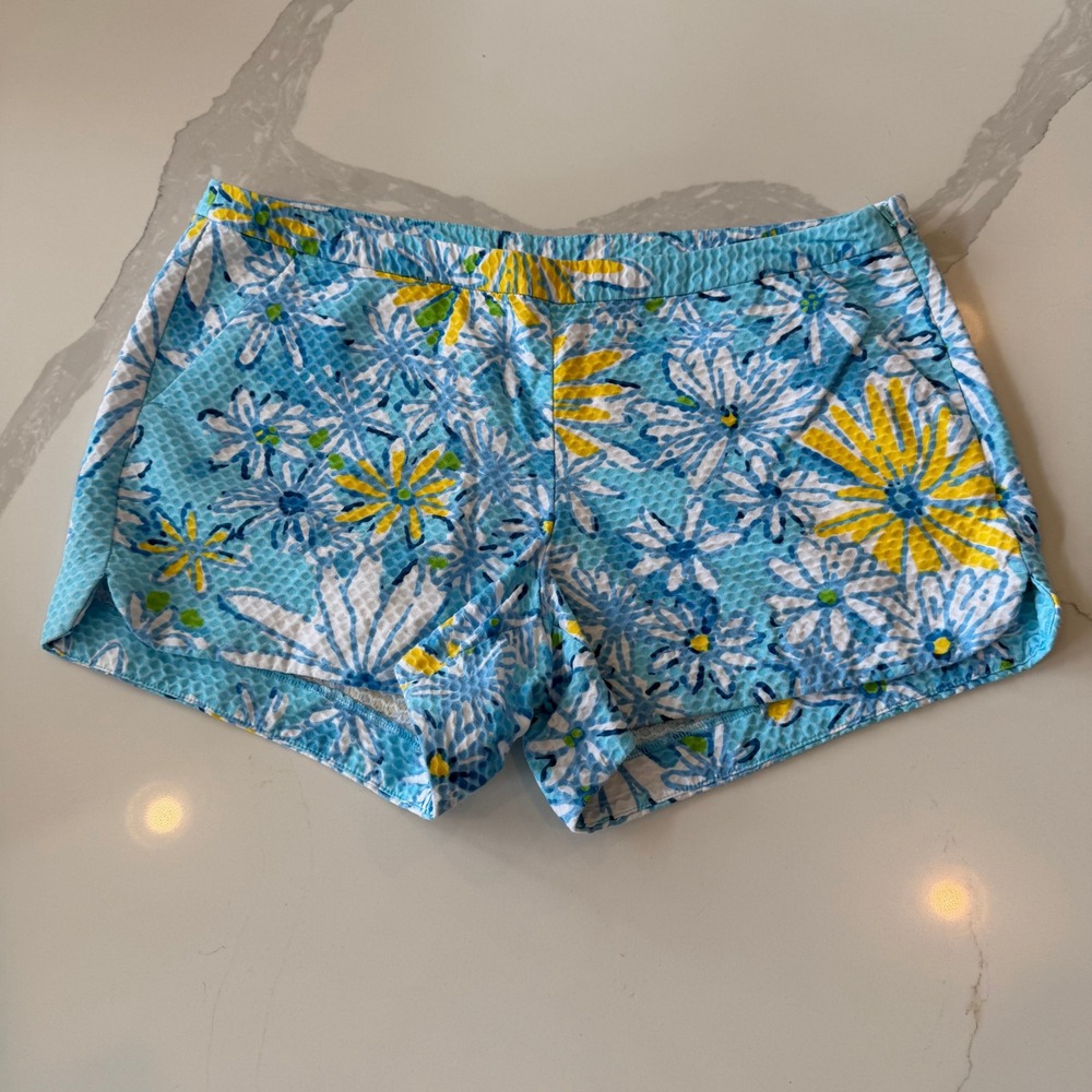 Lilly Pulitzer Floral Seersucker Shorts Size 10 Blue Yellow Daisy Print Side Zip